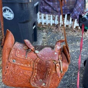 Hand-Tooled Leather Crossbody Bag in Cognac Brown